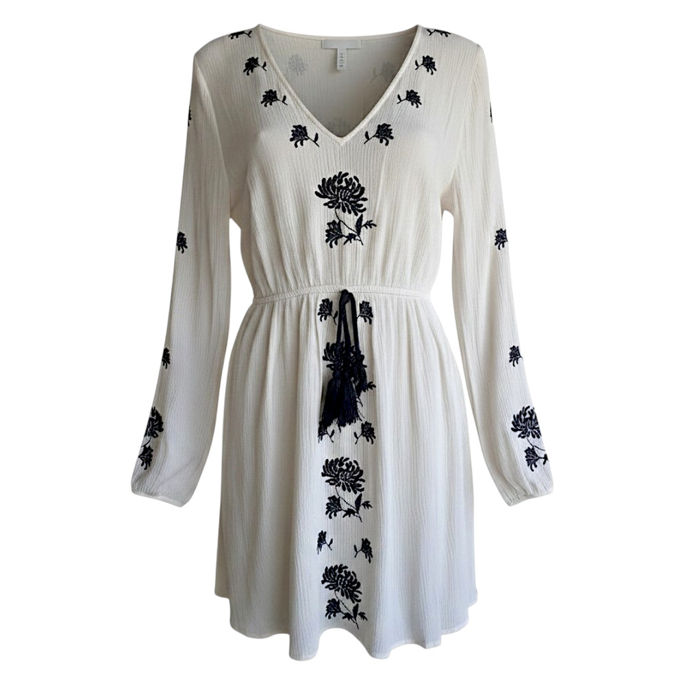 Forever 21 Cream Embroidered Boho Mini Dress Black Floral M